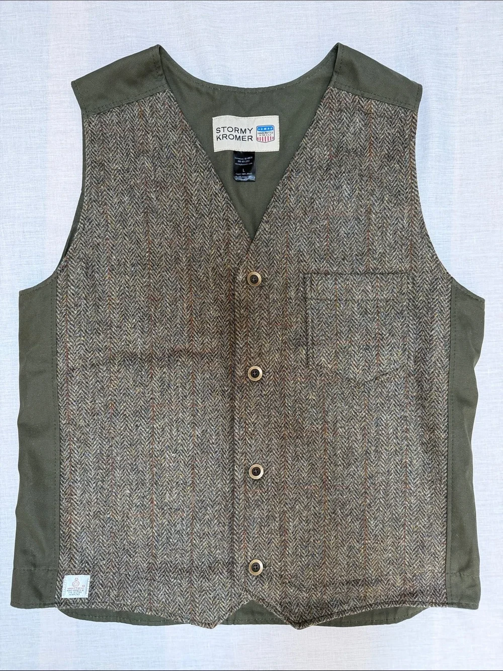 Stormy Kromer Harris Wool Tweed Uptown Herringbone Men's Vest Olive & Brown Sz L